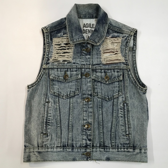 Agile Denim Jackets & Blazers - Distressed Denim Vest American Flag Cut Out